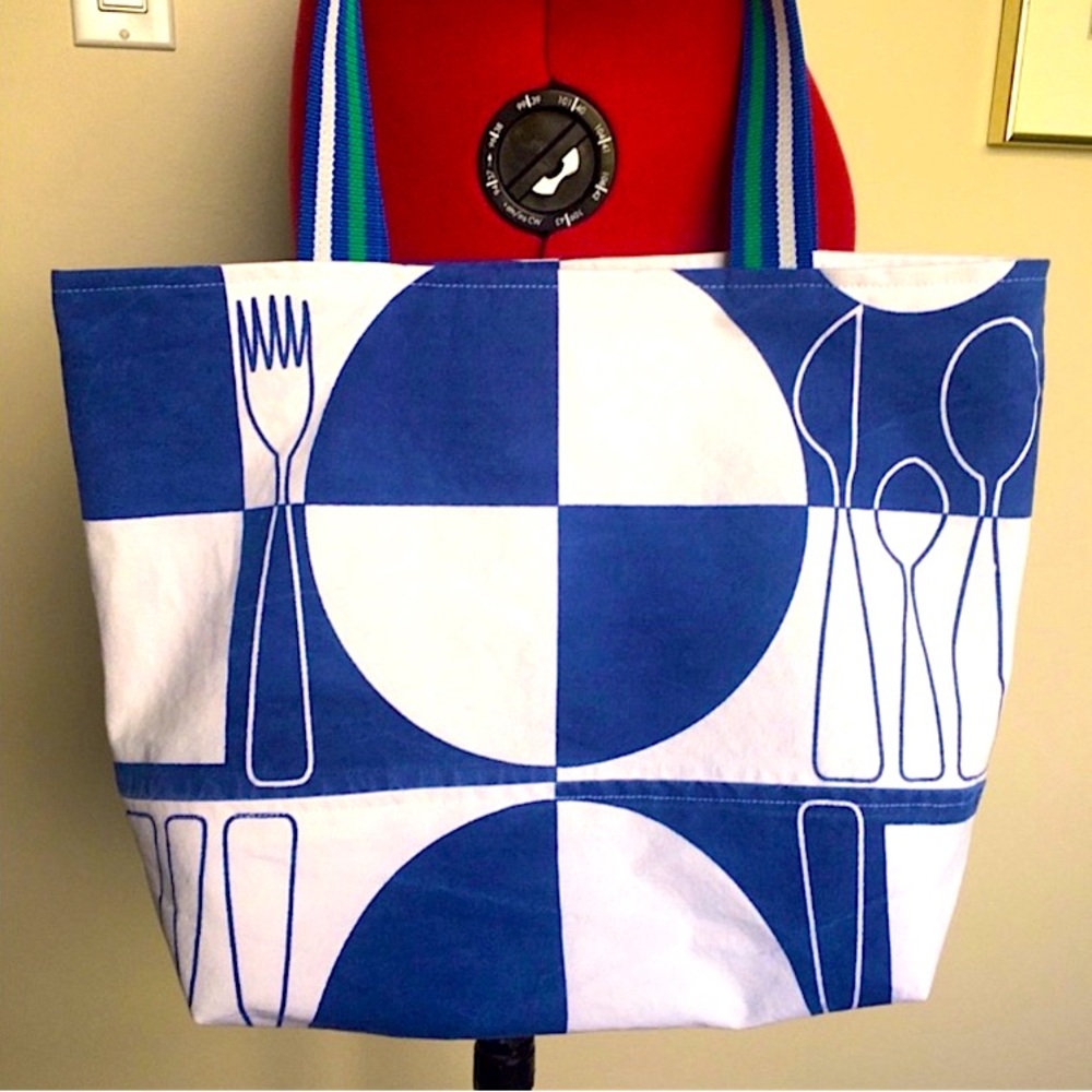 Hand made tote bag, canvas, eclectic picnic theme, white & blue, up-cycled